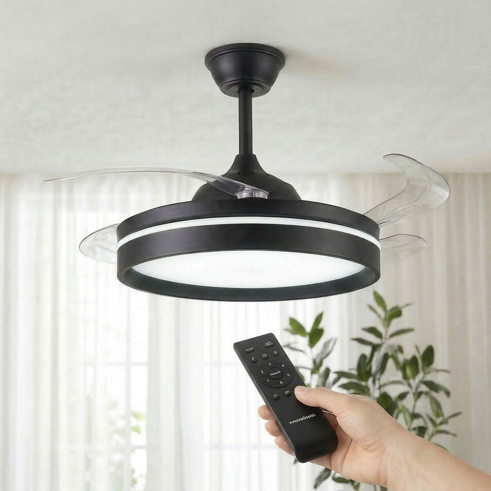 Ventilador de Techo con Luz LED, 4 Aspas Retráctiles y Mando a Distancia ABS Estilo Zen Verano