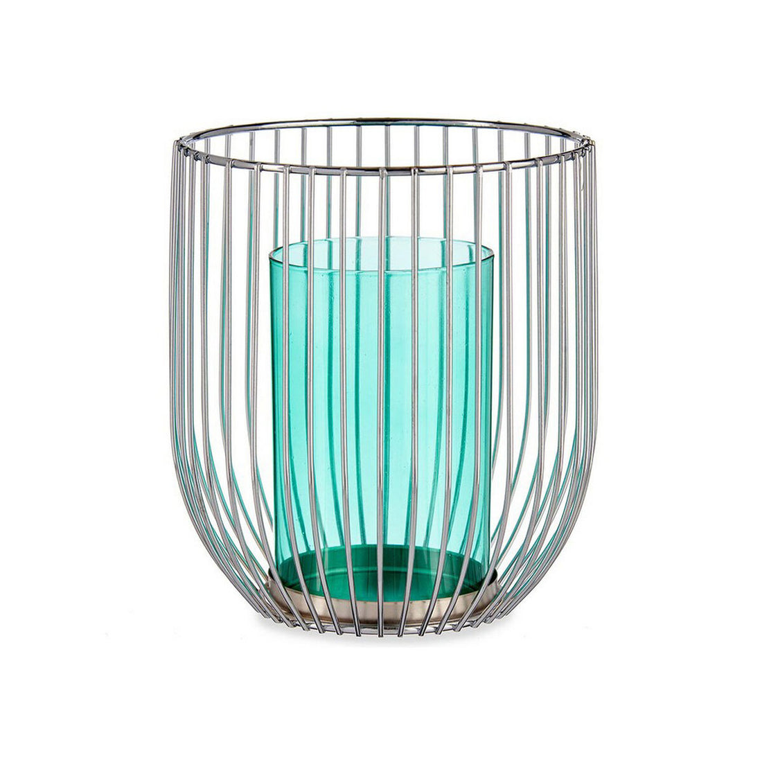 Portavelas Azul Plateado Plata Metal Vidrio 15 x 17 x 15 cm Jaula