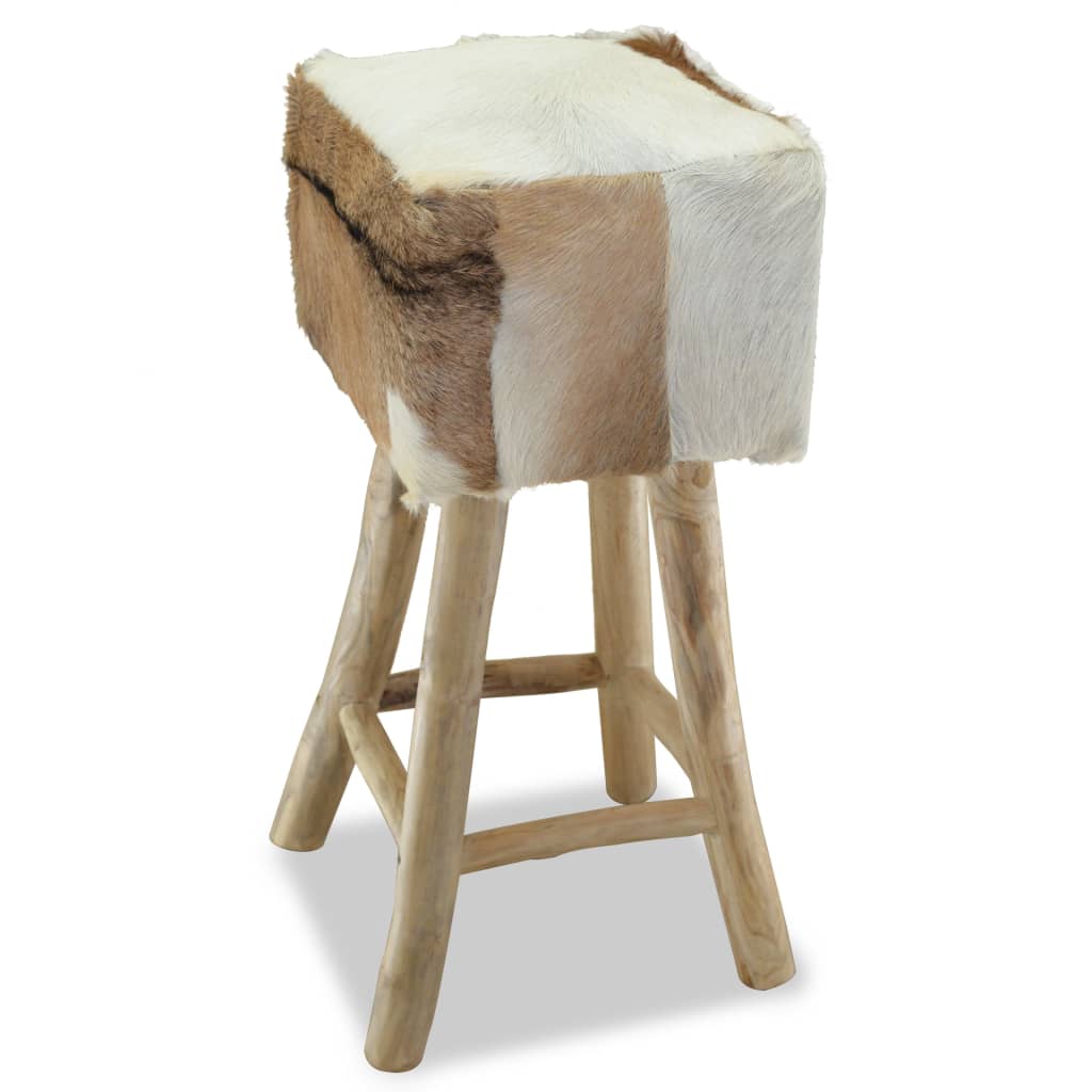 vidaXL Taburete de cocina de piel de cabra y madera de teca maciza