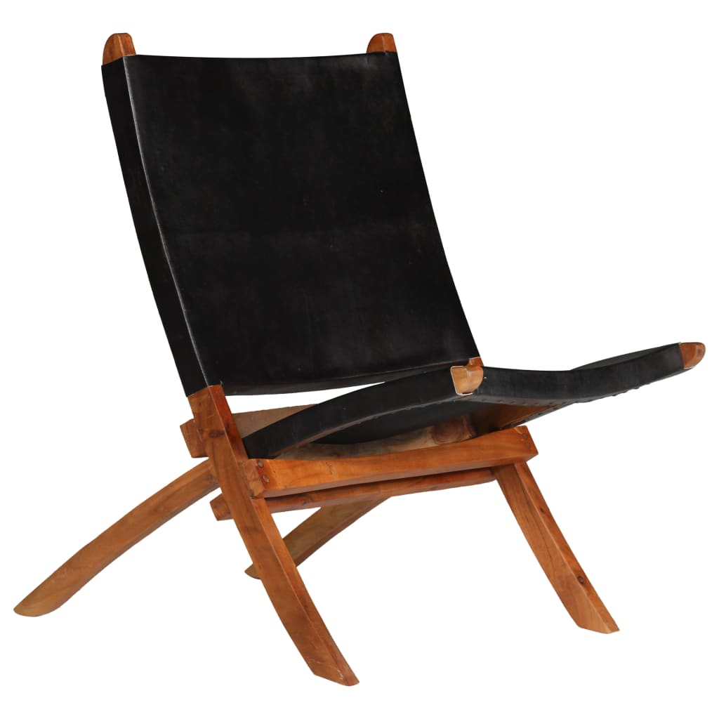 vidaXL Silla plegable de cuero auténtico negro