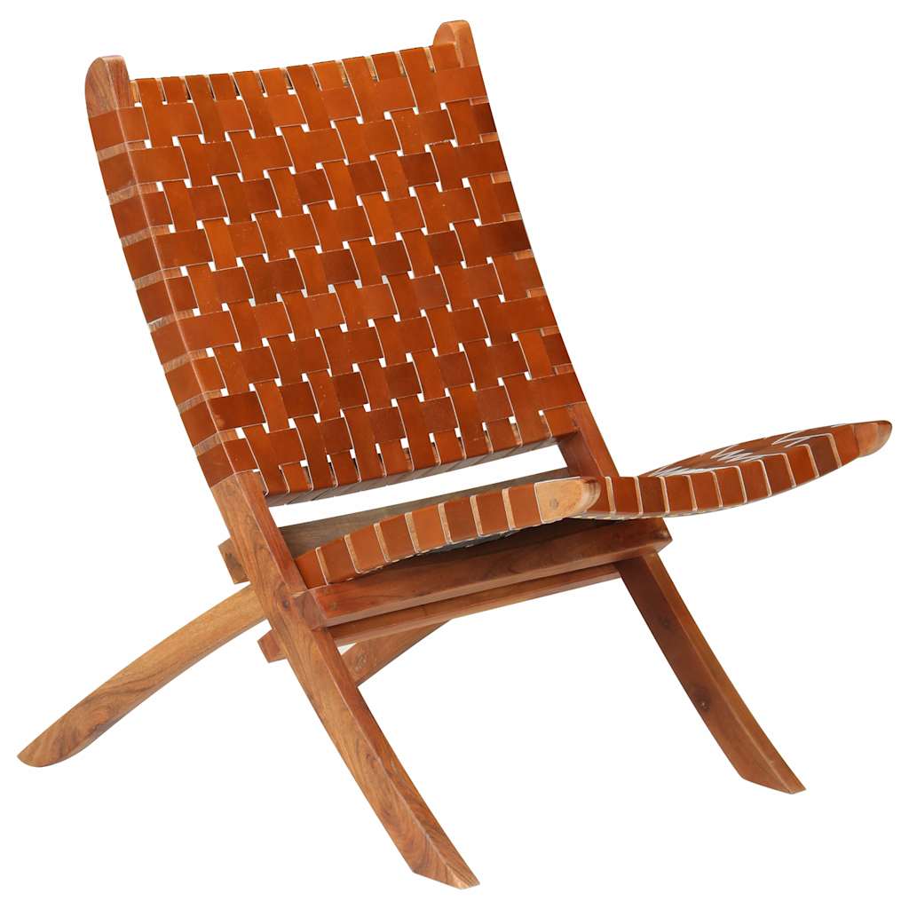 vidaXL Silla plegable con rayas cruzadas cuero auténtico marrón
