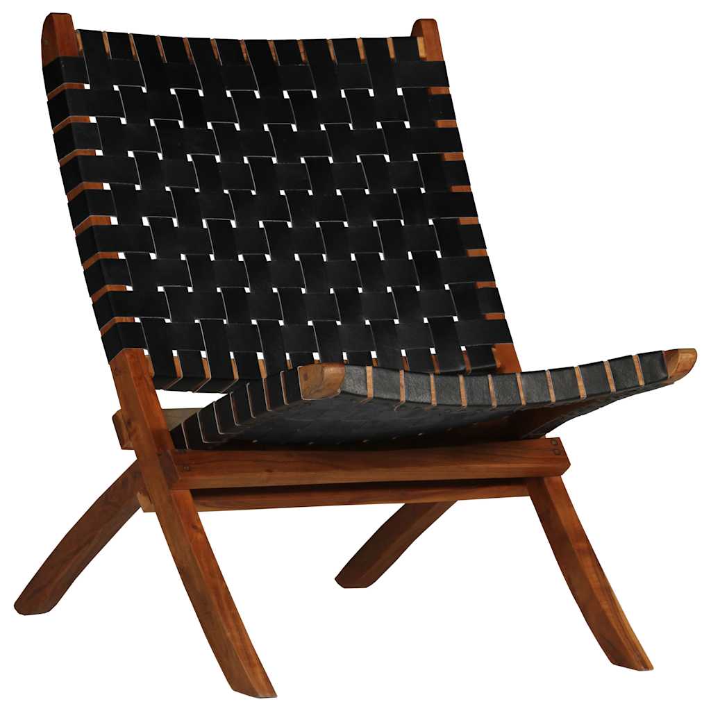 vidaXL Silla plegable con rayas cruzadas cuero auténtico negro