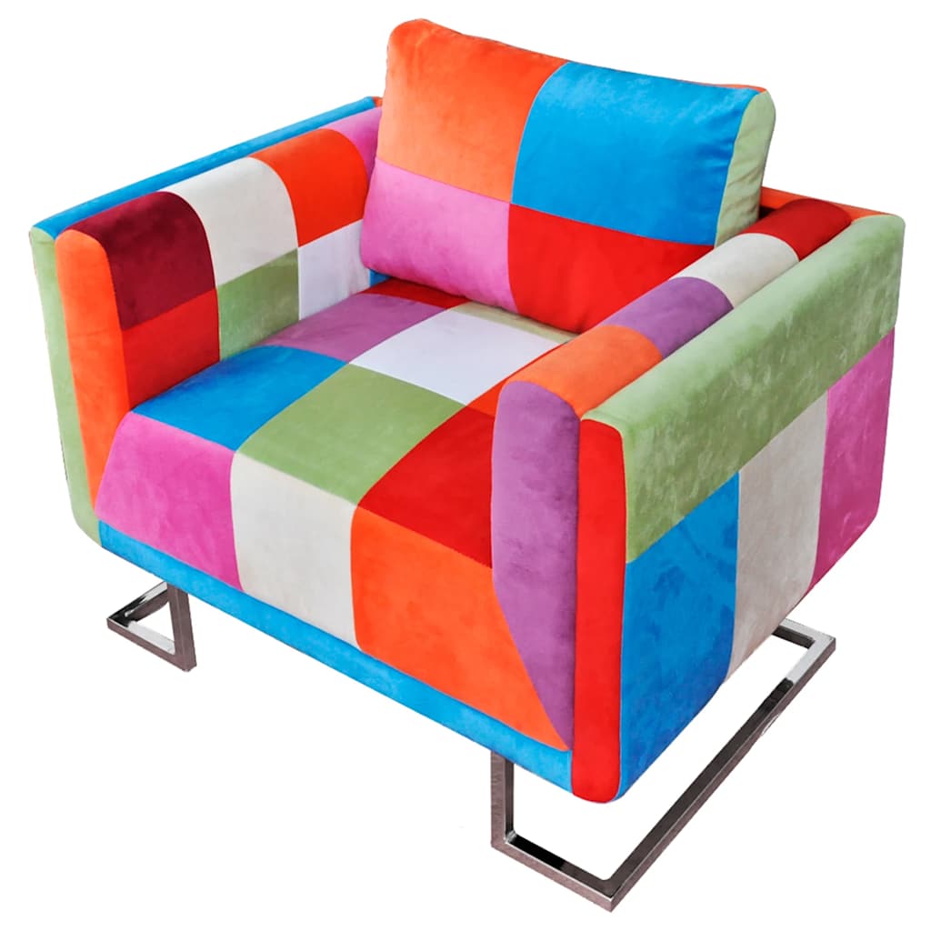 vidaXL Sillón cubo con diseño de retales tela Patchwork patas cromadas