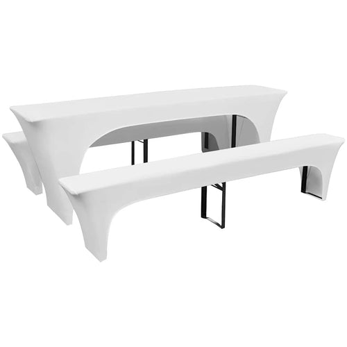 3 fundas blancas estirables para mesa y 2 bancos 220x50x80 cm