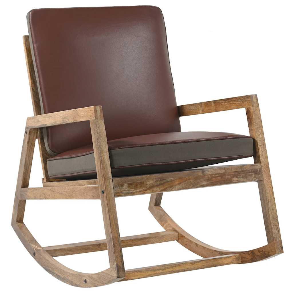 vidaXL Silla mecedora de cuero auténtico y madera mango maciza marrón