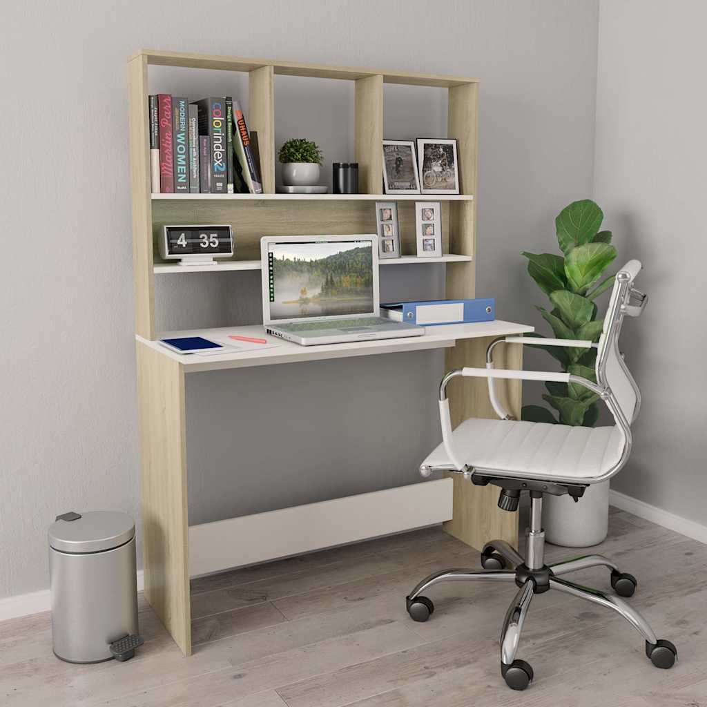 vidaXL Escritorio estantes contrachapada blanco y roble 110x45x157cm