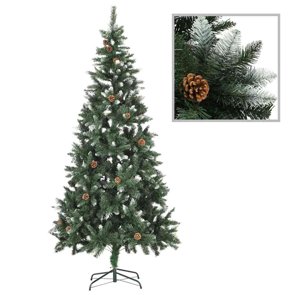 vidaXL Árbol de Navidad artificial con piñas y brillo blanco 210 cm