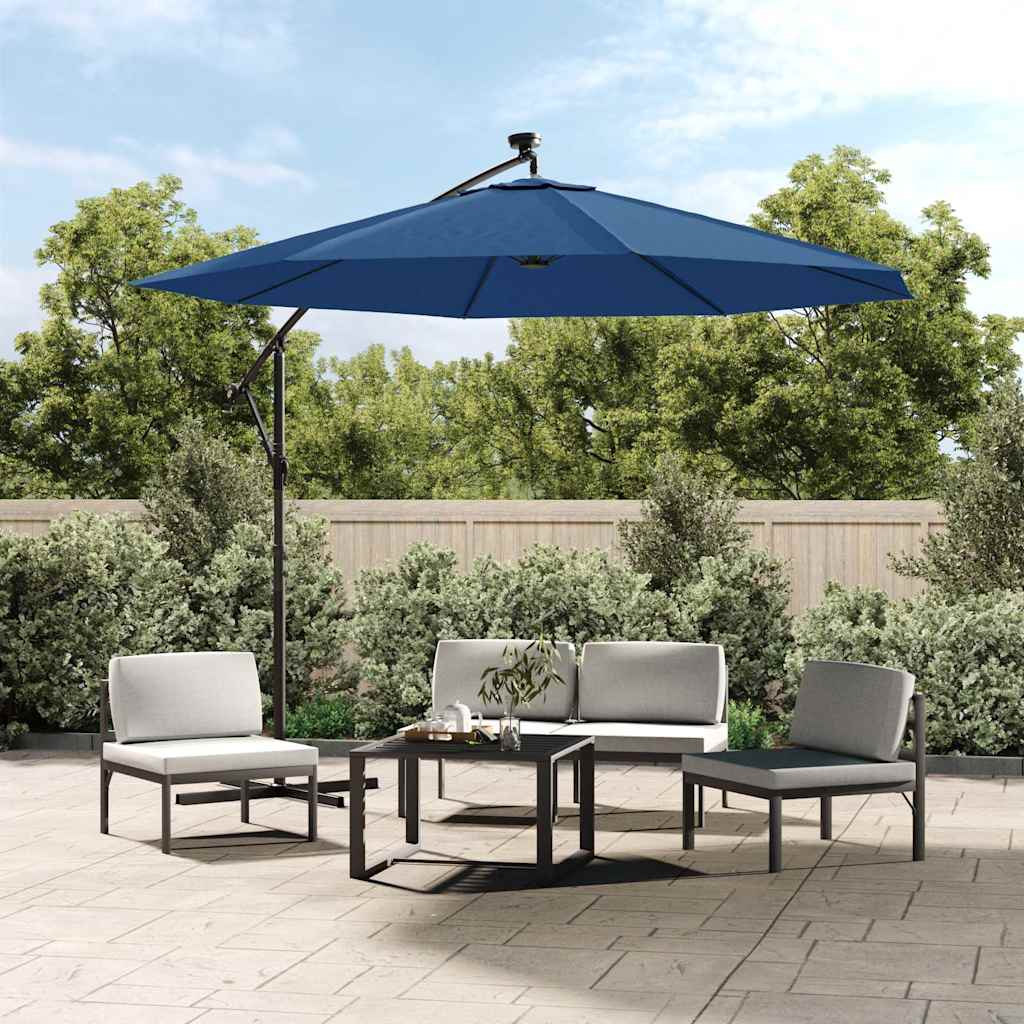 vidaXL Sombrilla voladiza con luces LED y poste de acero azul 300 cm