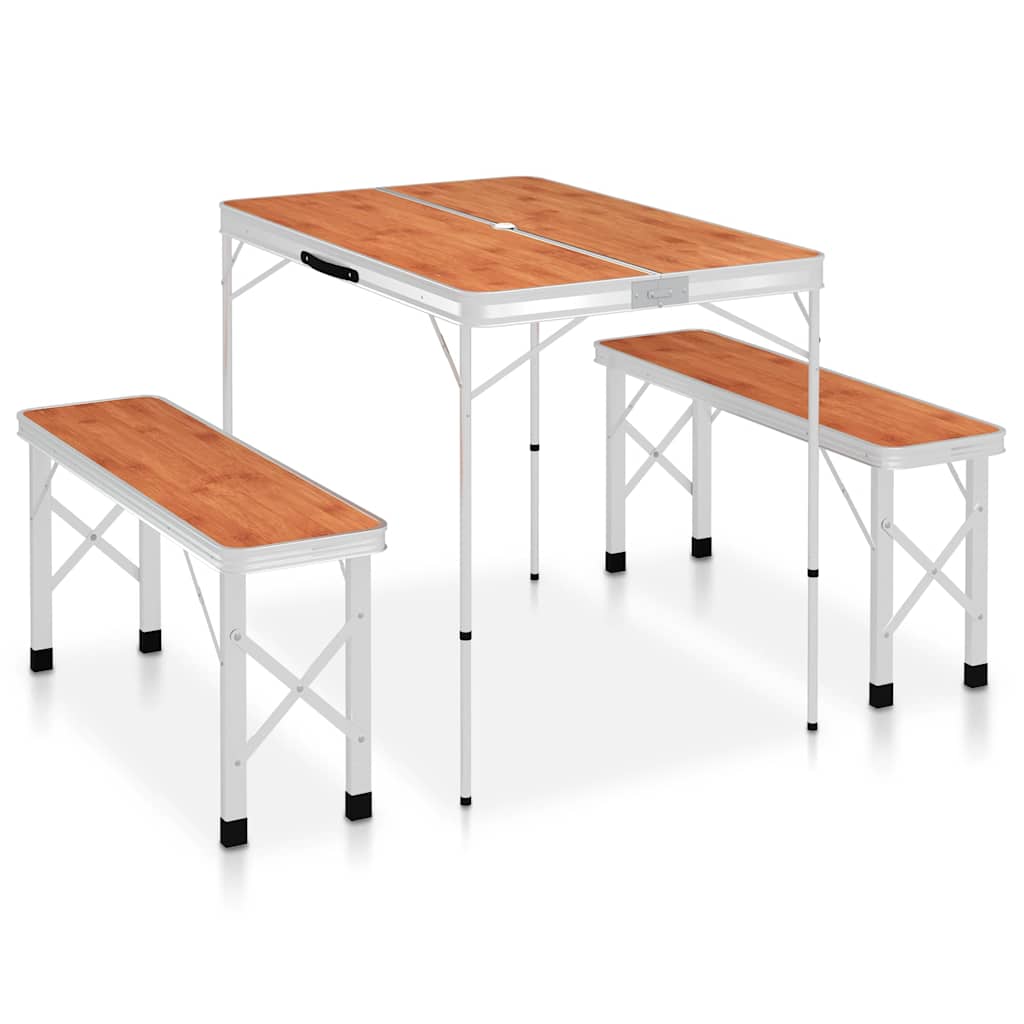 vidaXL Mesa de camping plegable con 2 bancos aluminio marrón