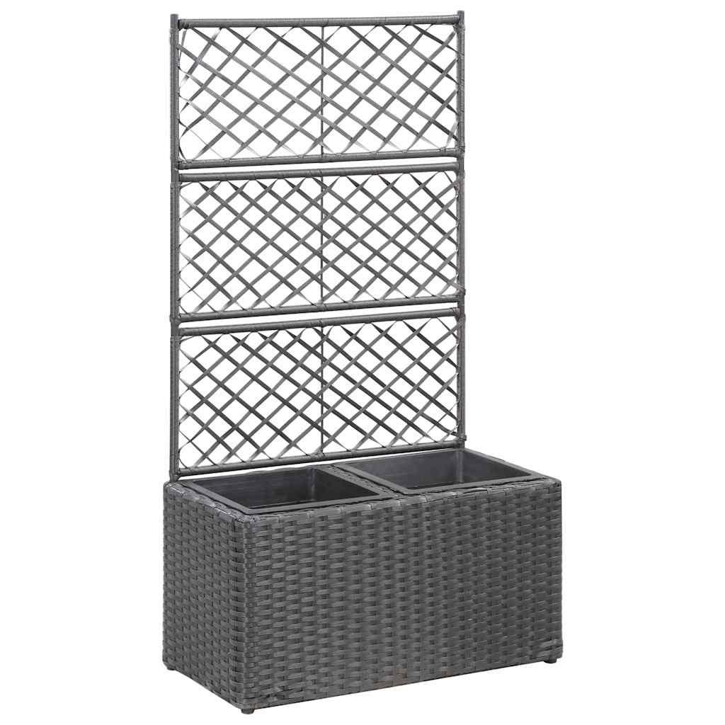 vidaXL Enrejado y arriate 2 macetas ratán sintético negro 58x30x107 cm