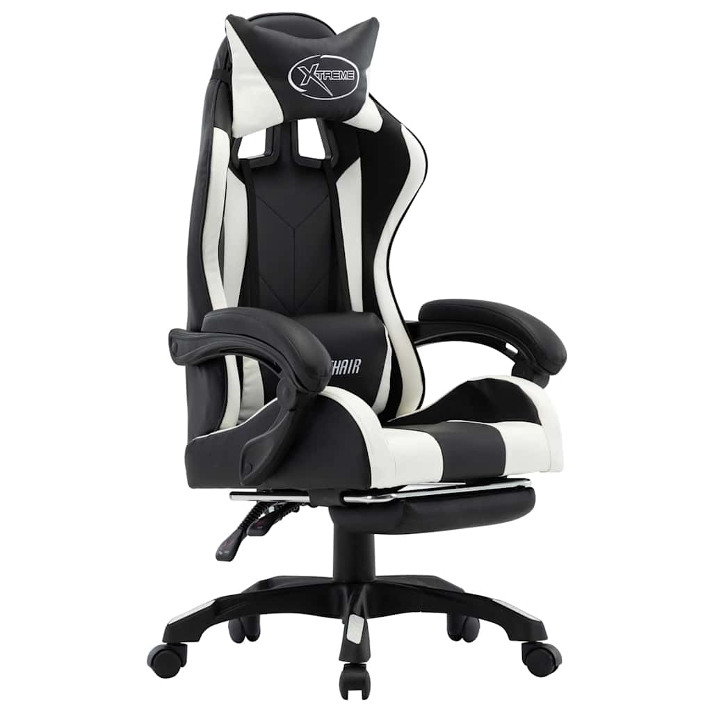 vidaXL Silla gaming con reposapiés cuero sintético blanco y negro