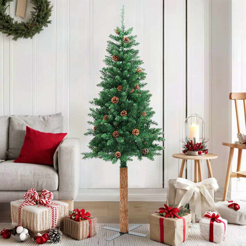 vidaXL Árbol de Navidad delgado madera auténtica y piñas PVC 150 cm
