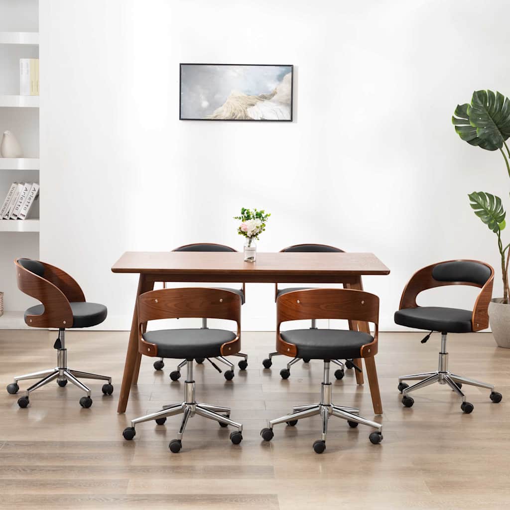 vidaXL Sillas de comedor giratorias 6 uds madera curvada y cuero negro