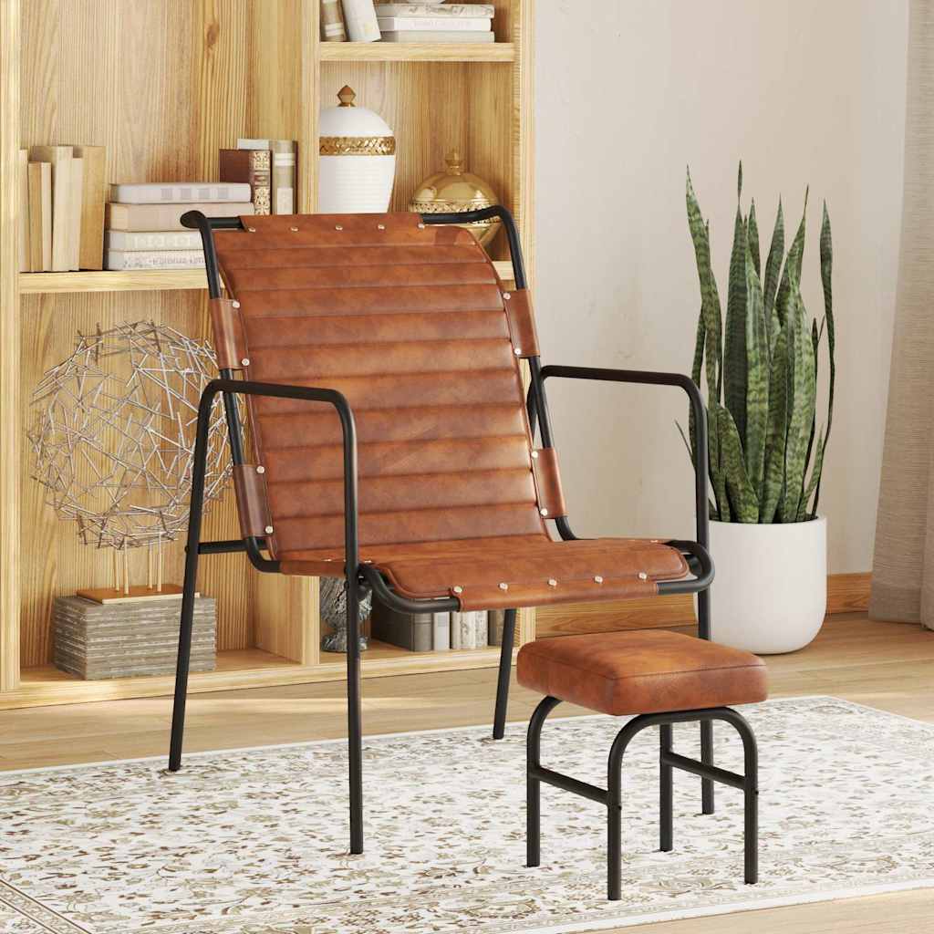 vidaXL Silla de relax reposabrazos y reposapiés cuero auténtico marrón