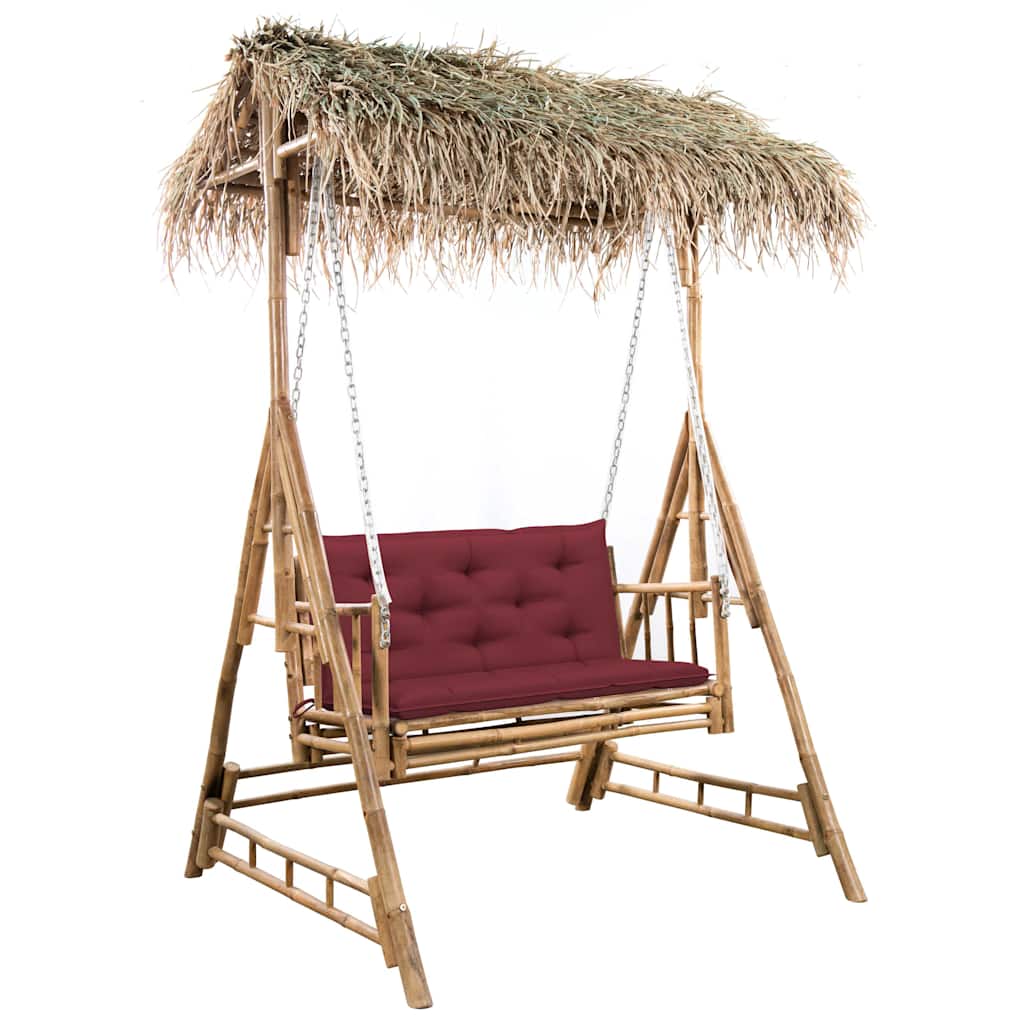 vidaXL Banco columpio de 2 plazas hojas de palma y cojín bambú 202 cm