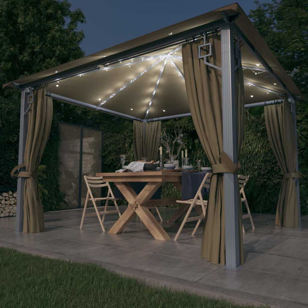 vidaXL Cenador con cortina y tira de luz aluminio taupé 300x300 cm