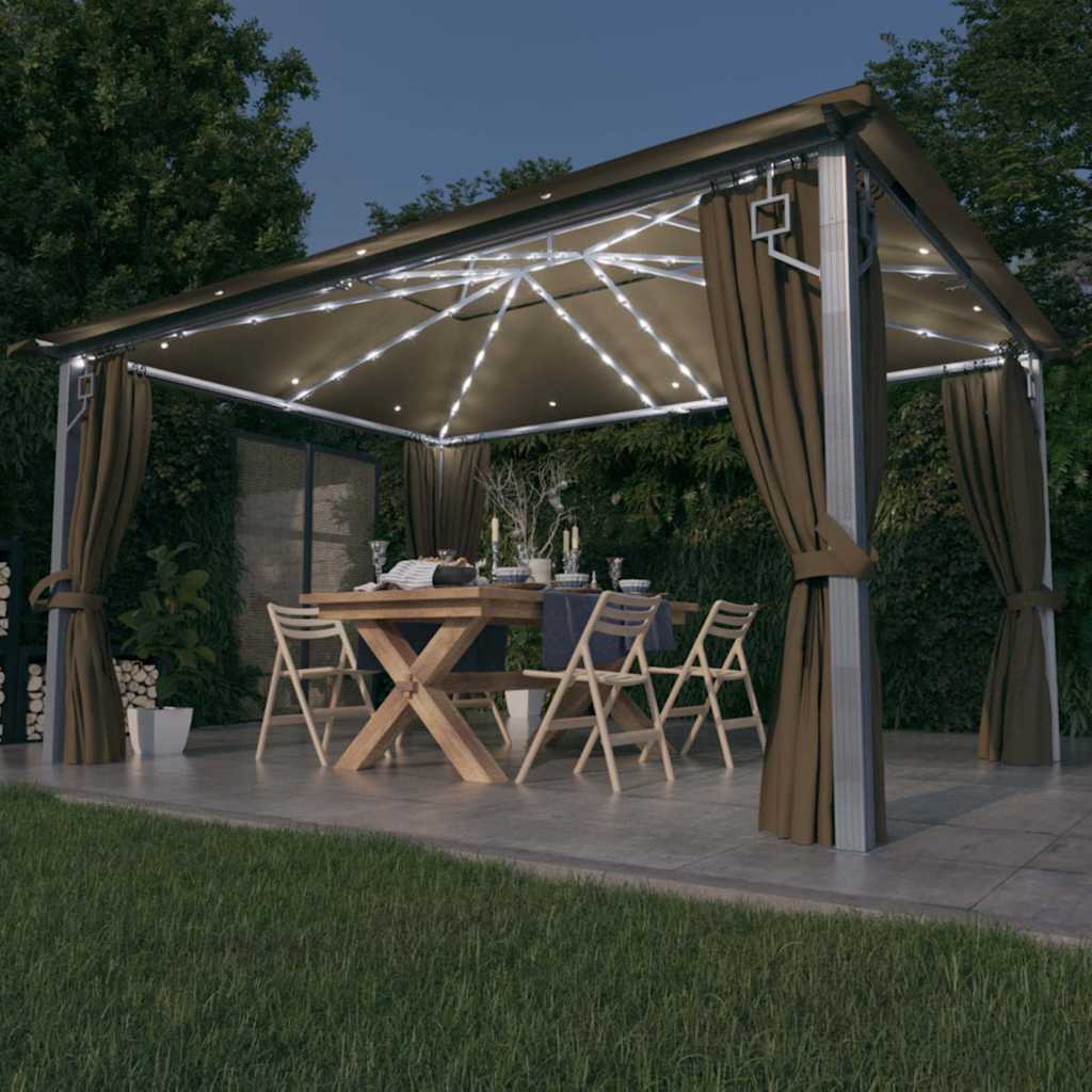 vidaXL Cenador con cortina y tira de luz LED aluminio taupé 400x300cm