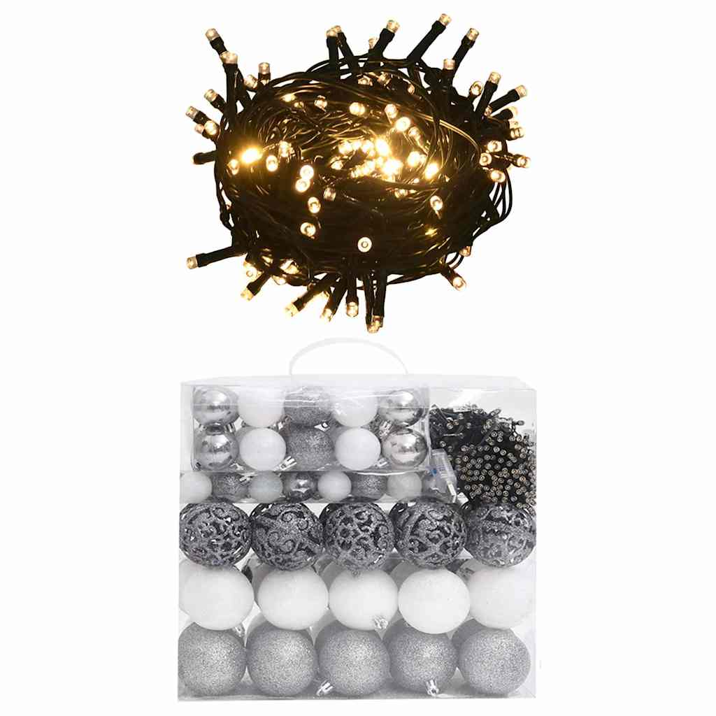 vidaXL Set de bolas de Navidad 120 pzas con pico 300 LED blanco y gris