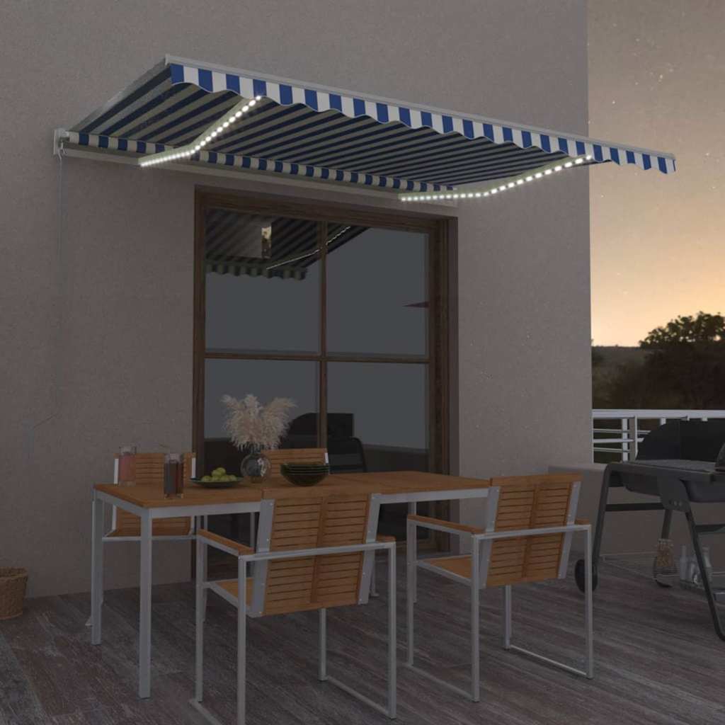 vidaXL Toldo automático LED sensor de viento azul y blanco 400x350 cm