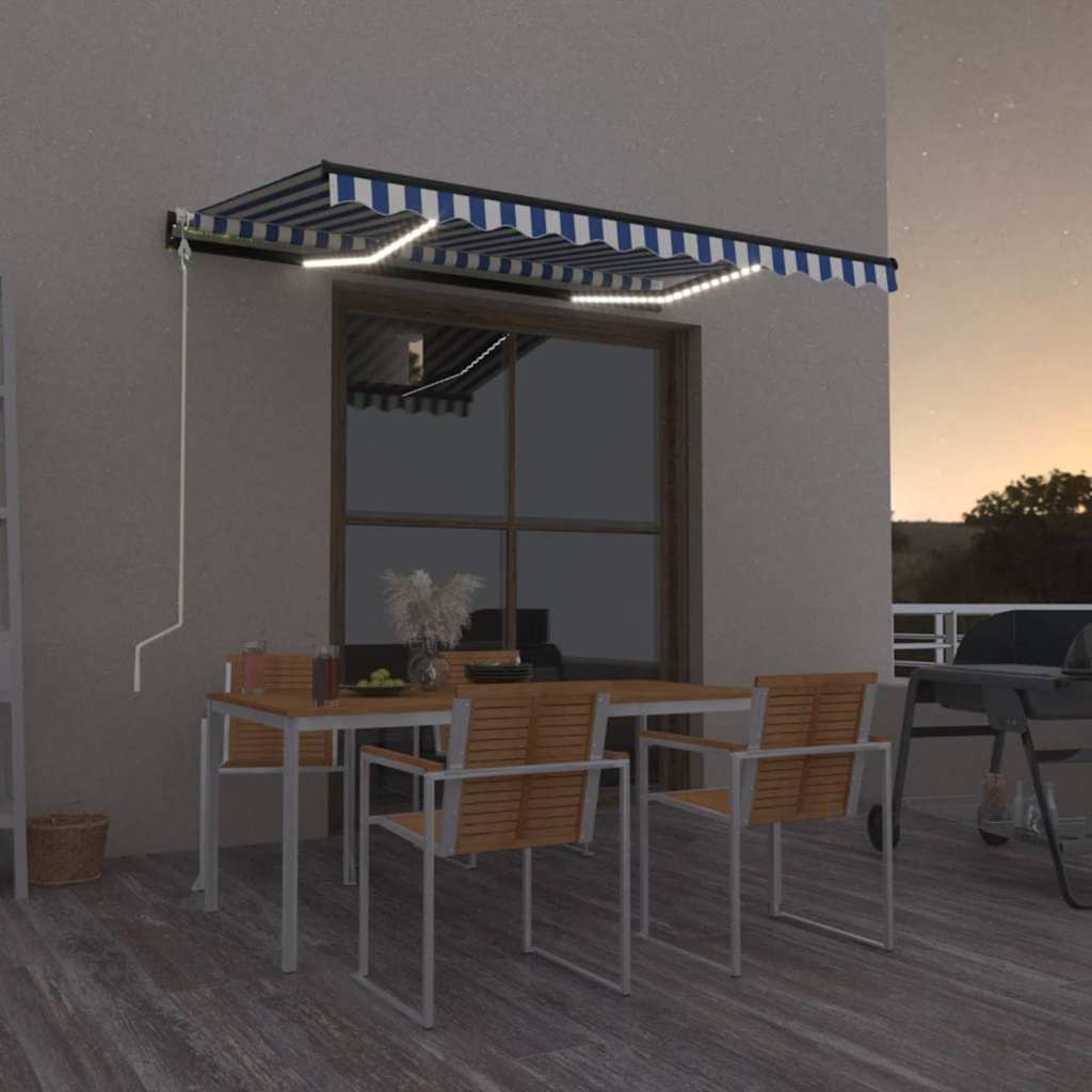 vidaXL Toldo automático LED sensor de viento azul y blanco 350x250 cm