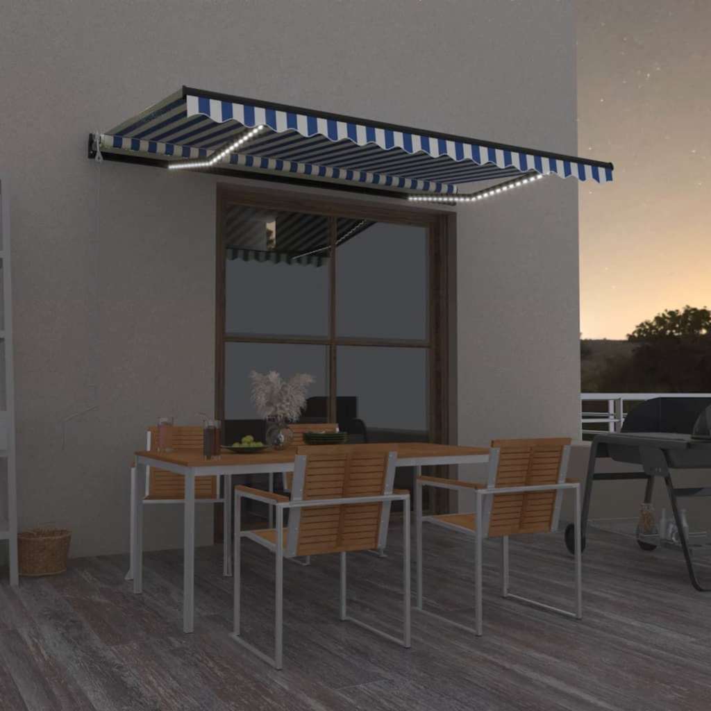 vidaXL Toldo automático LED sensor de viento azul y blanco 450x350 cm