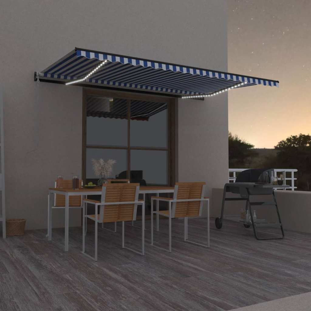 vidaXL Toldo automático LED sensor de viento azul y blanco 500x350 cm