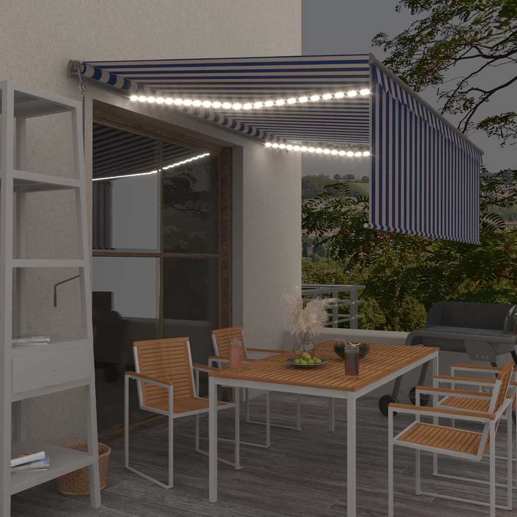 vidaXL Toldo automático persiana LED sensor viento azul blanco 4,5x3 m