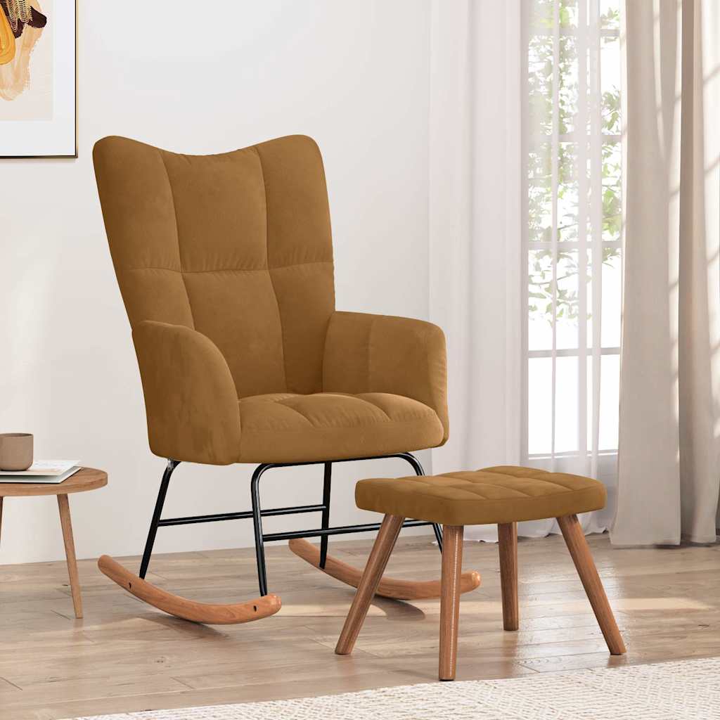 vidaXL Mecedora con taburete de terciopelo marrón
