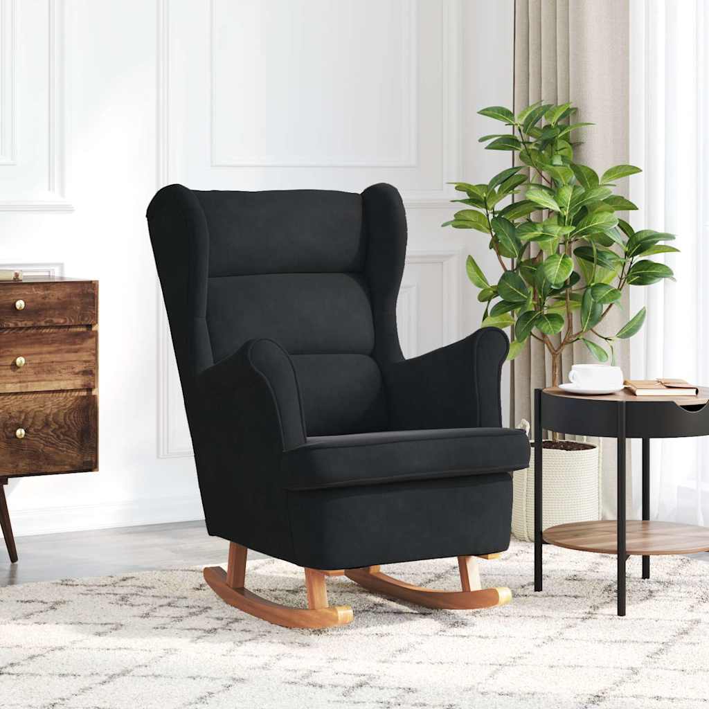vidaXL Mecedora con respaldo alto de terciopelo negro y madera maciza