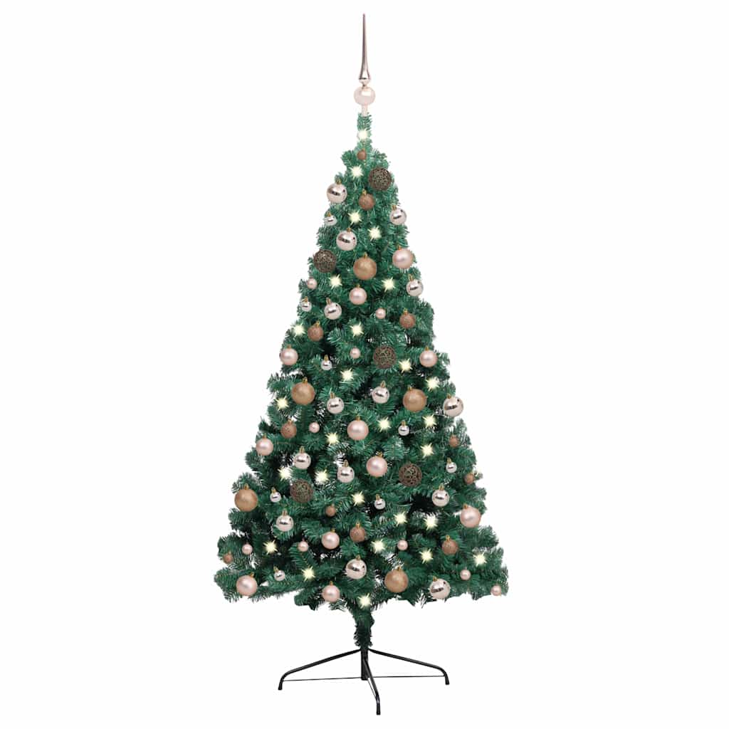 vidaXL Medio árbol de Navidad con luces y bolas verde 240 cm