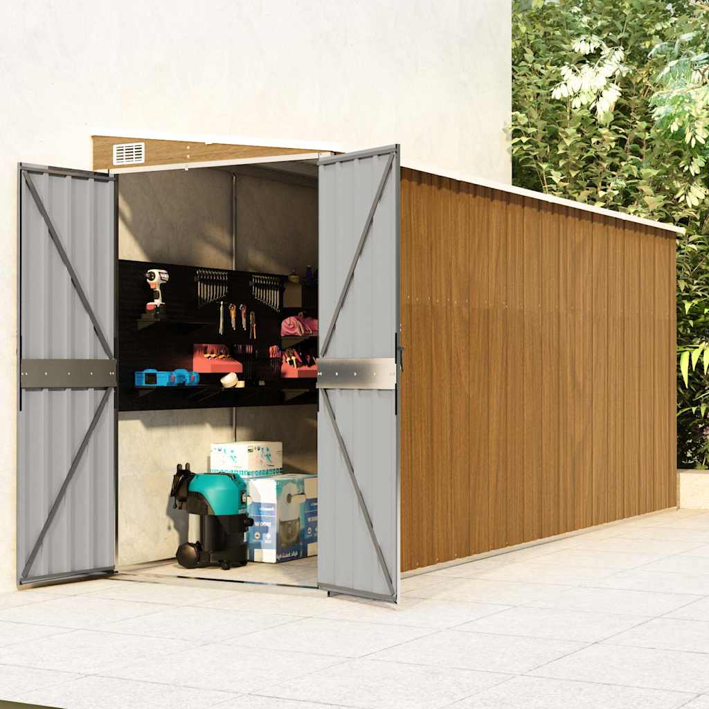 vidaXL Caseta de jardín de pared marrón 118x382x178 cm acero galvanizado