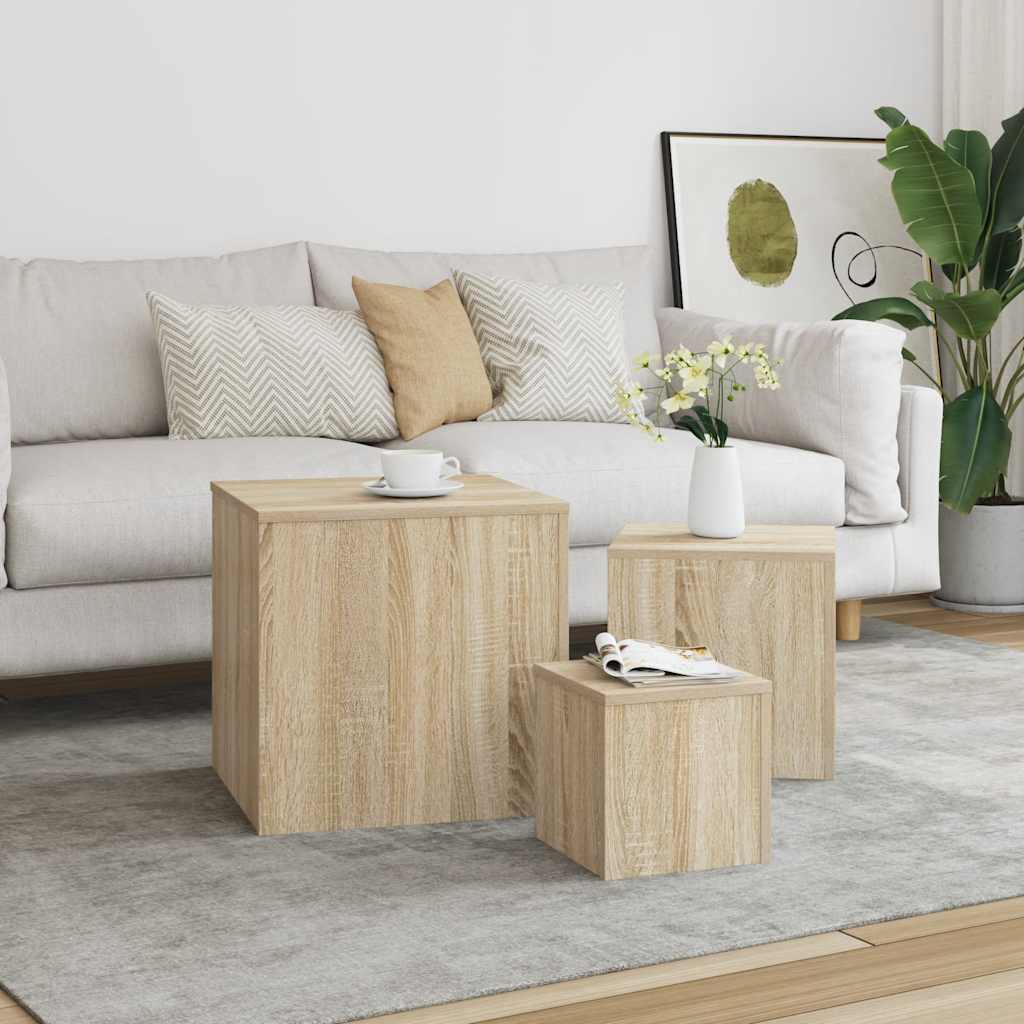 vidaXL Mesas auxiliares 3 pzas madera contrachapada color roble Sonoma