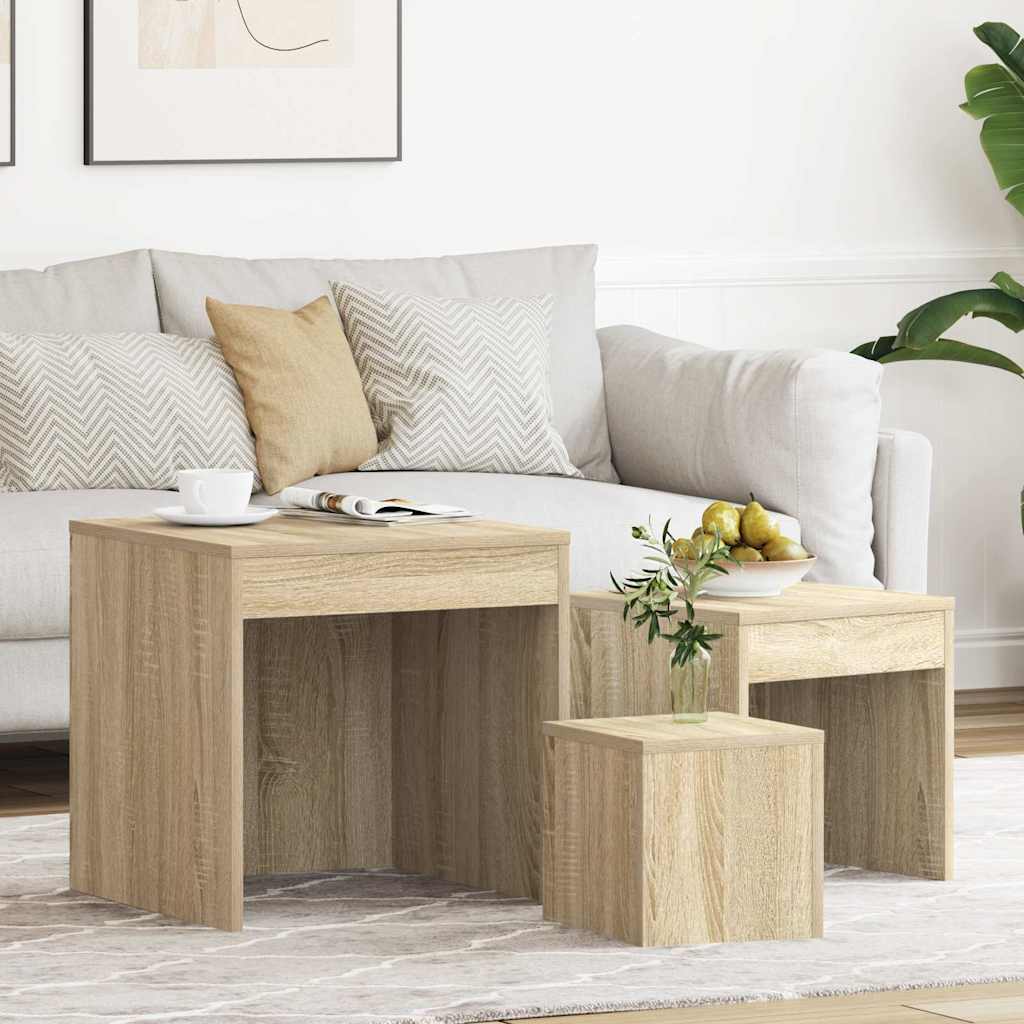 vidaXL Mesas apilables 3 piezas madera contrachapada roble Sonoma