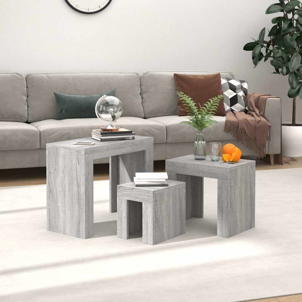 vidaXL Mesas de centro apilables 3 pzas madera ingeniería gris Sonoma