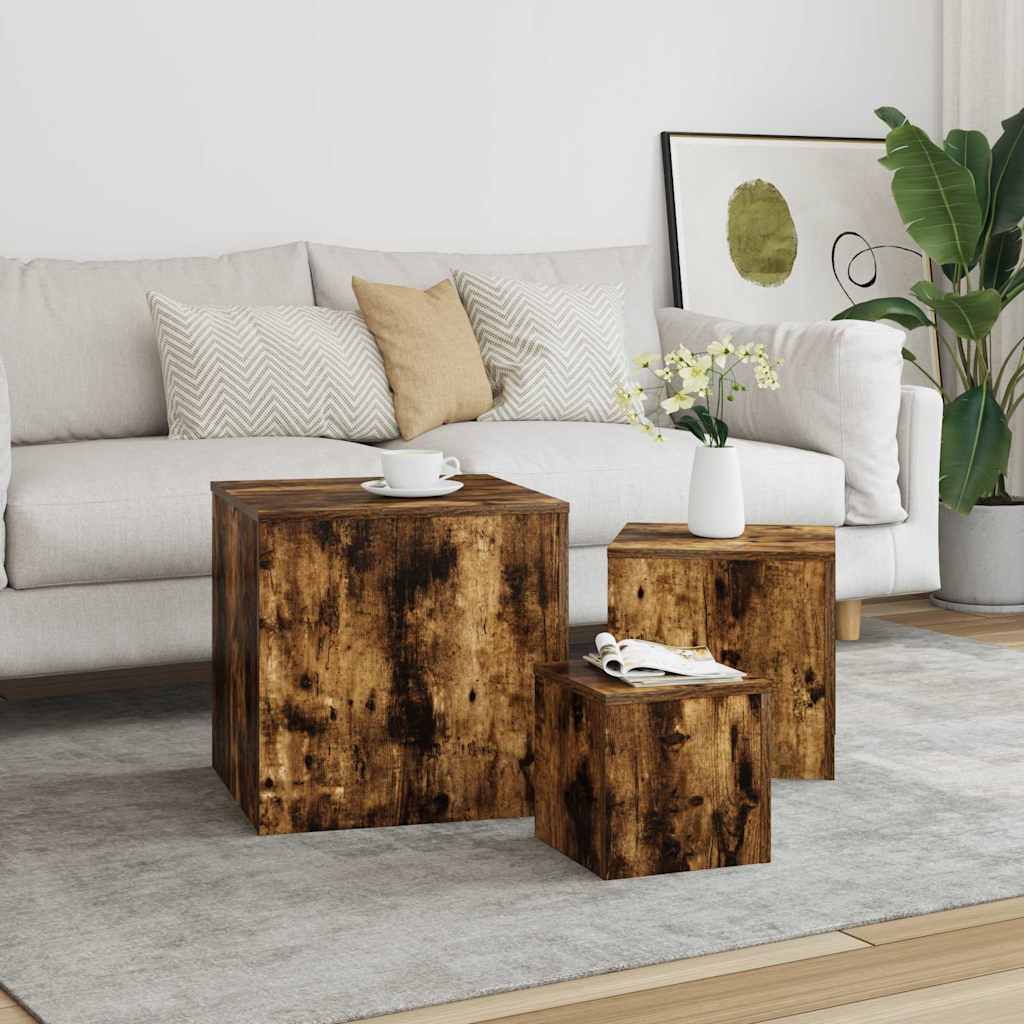 vidaXL Mesitas auxiliares 3 piezas madera contrachapada roble ahumado