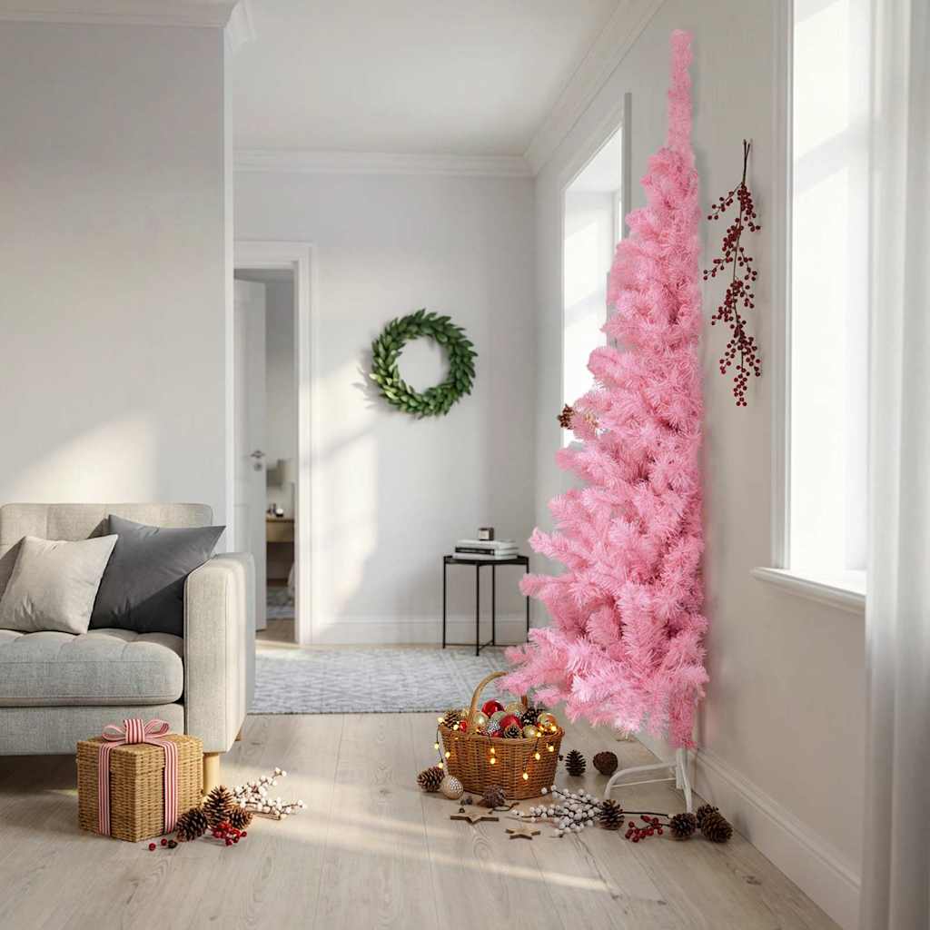 vidaXL Medio árbol de Navidad artificial con soporte PVC rosa 240 cm