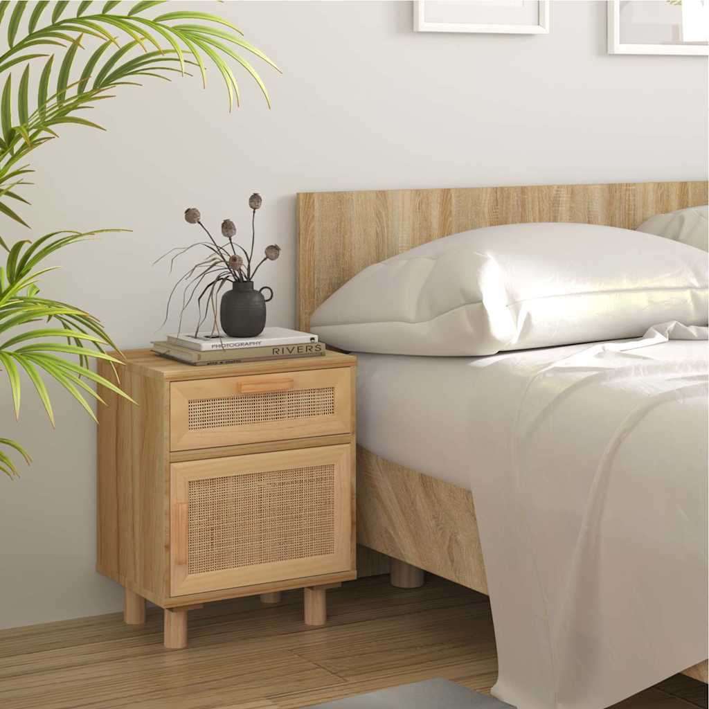 vidaXL Mesita de noche madera maciza pino marrón y ratán natural