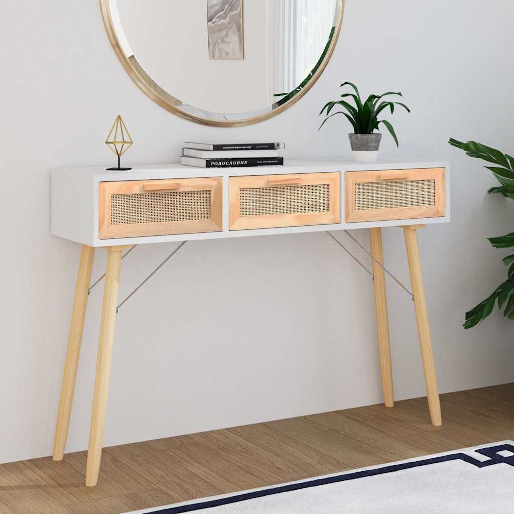 vidaXL Mesa consola madera pino maciza ratán natural 105x30x75 cm