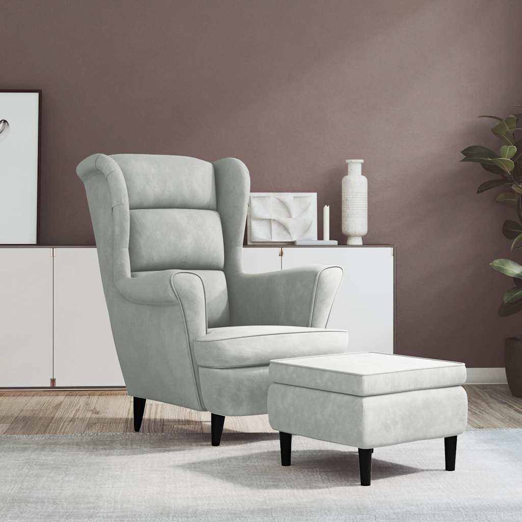 vidaXL Sillón orejero y taburete de terciopelo gris claro