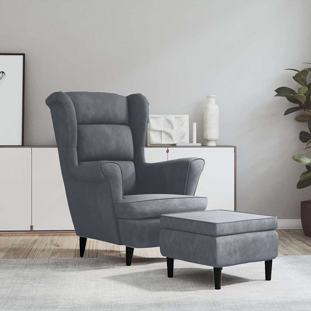 vidaXL Sillón orejero y taburete de terciopelo gris oscuro