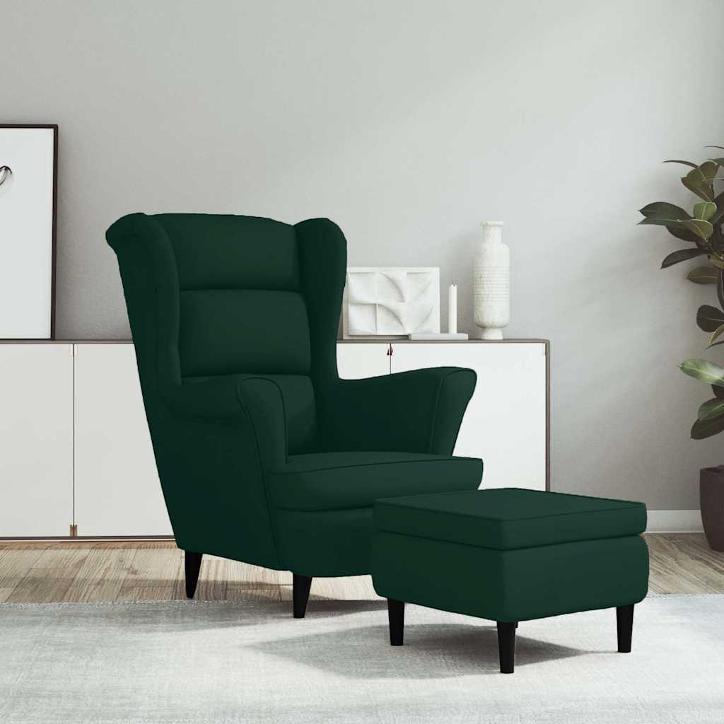 vidaXL Sillón orejero y taburete de terciopelo verde oscuro