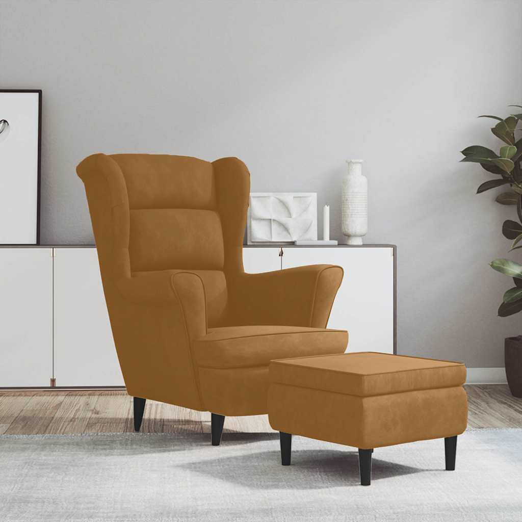 vidaXL Sillón orejero y taburete de terciopelo marrón
