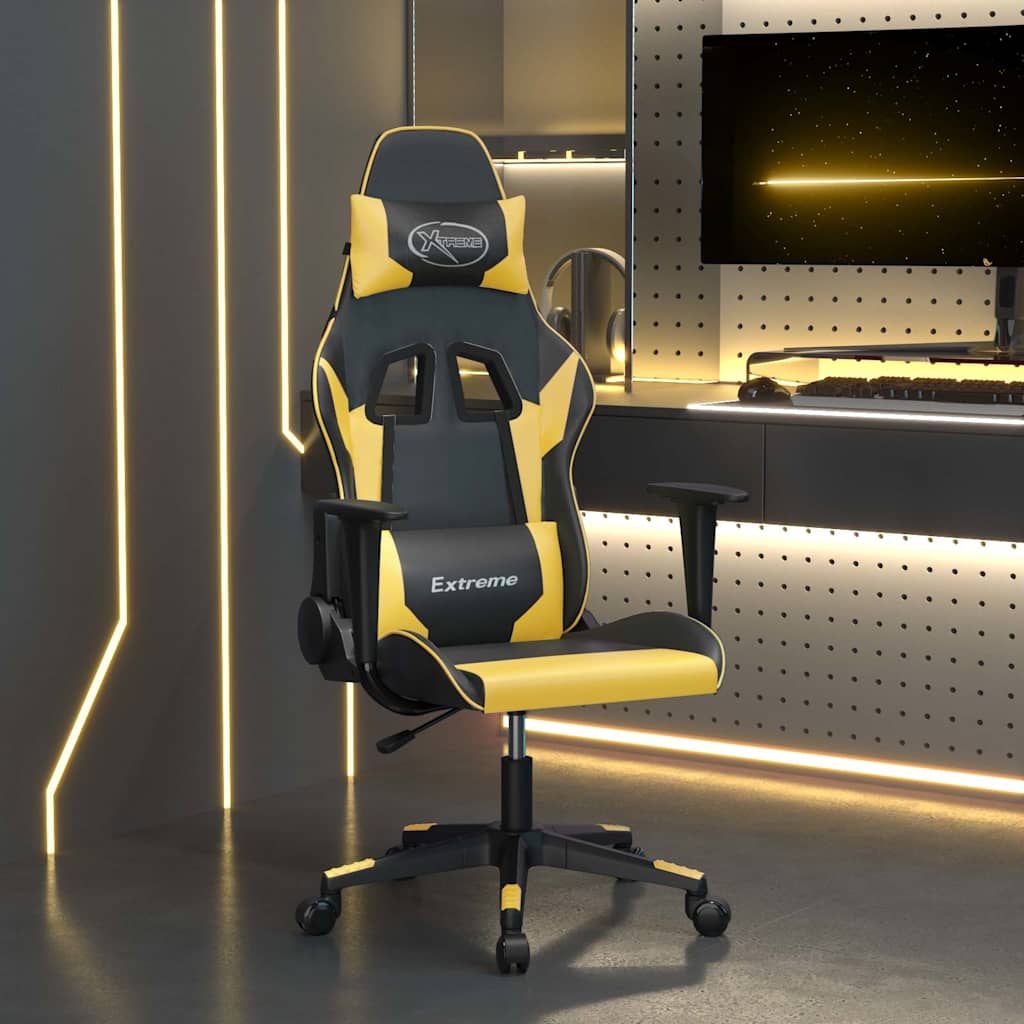 vidaXL Silla gaming de masaje cuero sintético negro y dorado