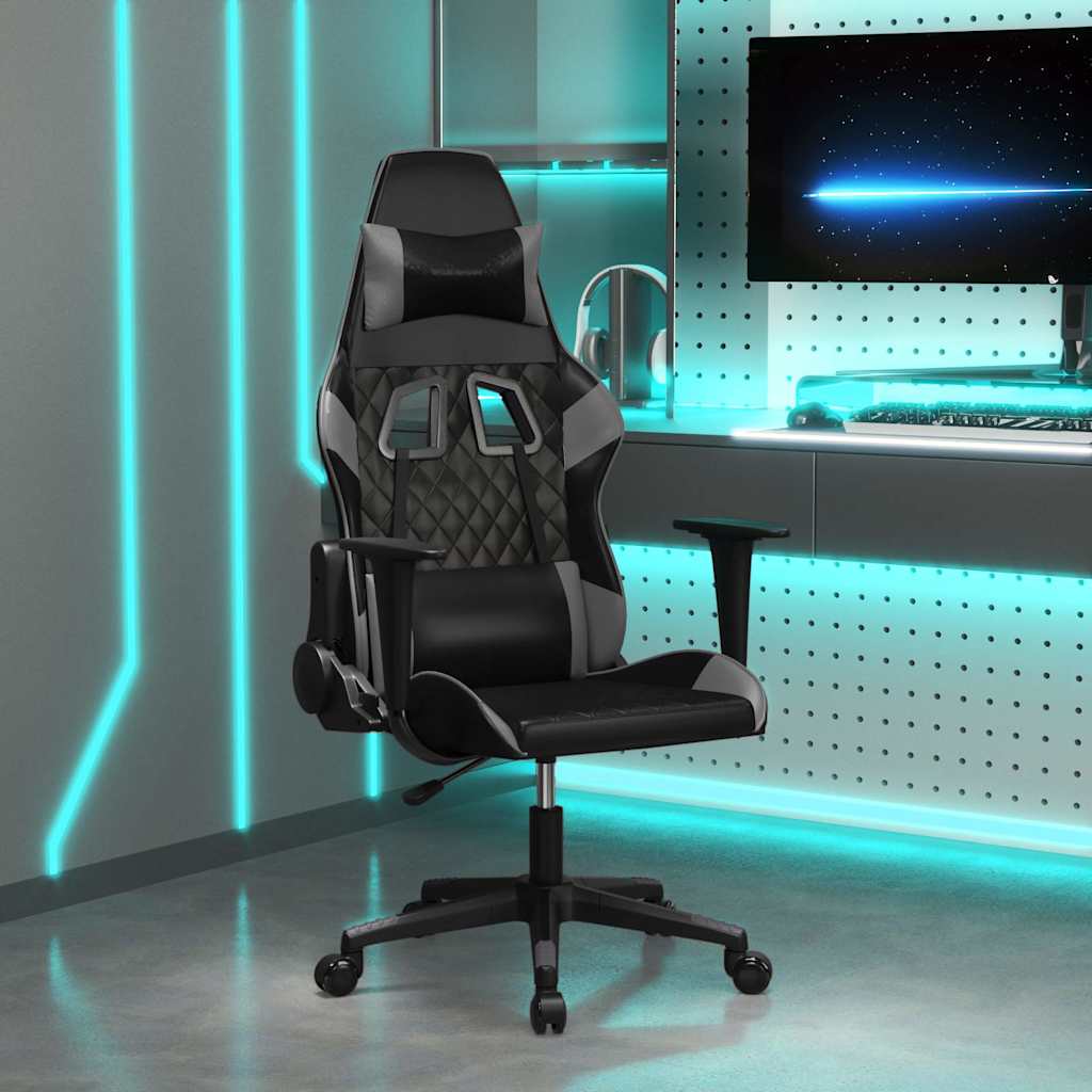 vidaXL Silla gaming de masaje cuero sintético negro y gris