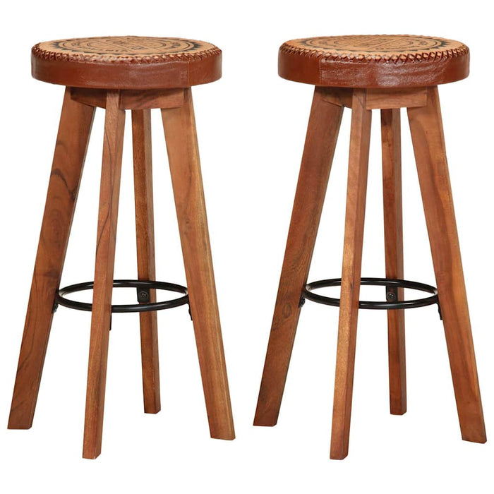 vidaXL Taburetes de cocina 2 uds cuero auténtico madera maciza acacia