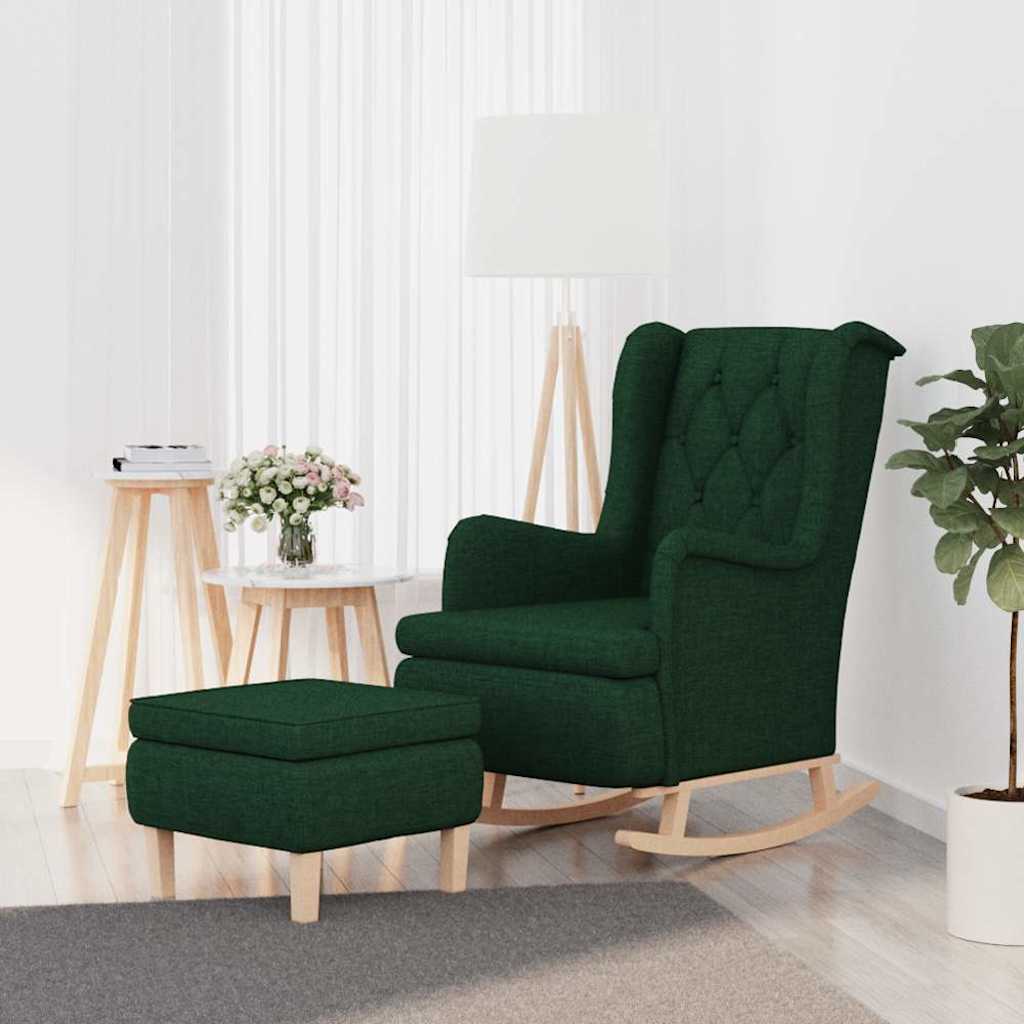 vidaXL Sillón con patas mecedoras y taburete de tela verde oscuro