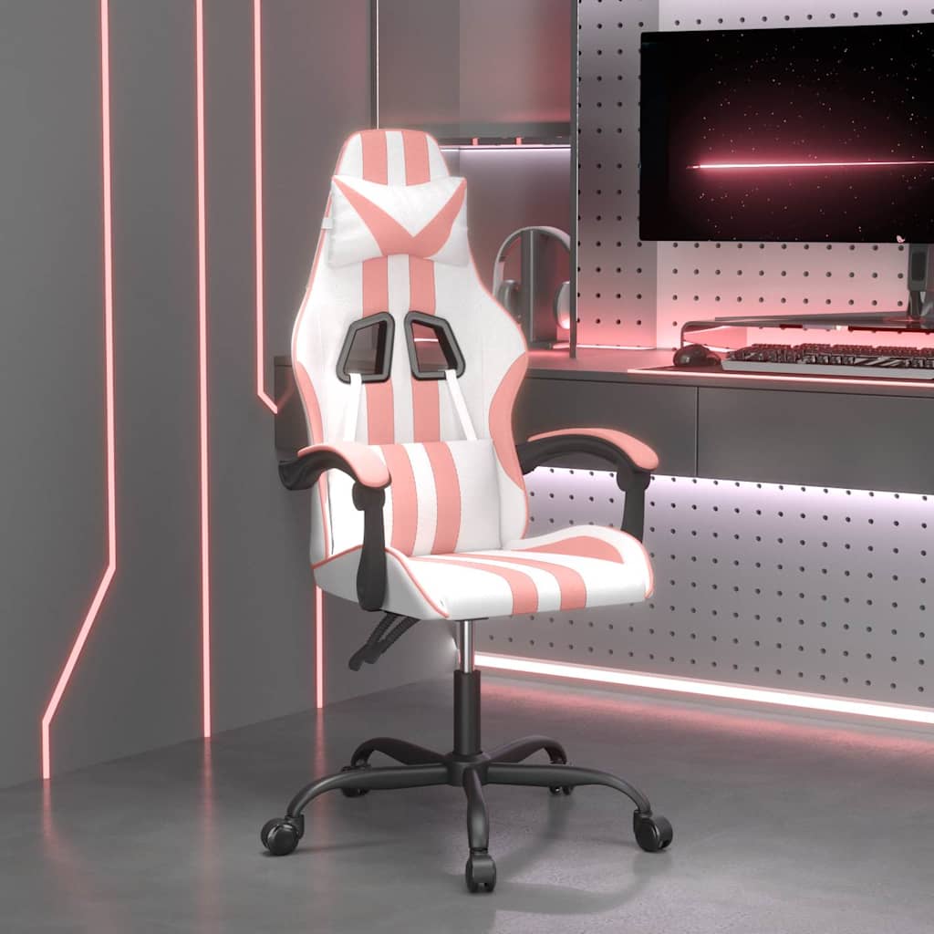 vidaXL Silla gaming giratoria cuero sintético blanco y rosa