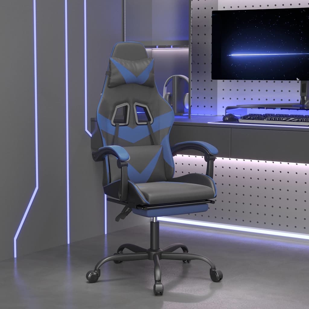 vidaXL Silla gaming giratoria y reposapiés cuero sintético negro azul