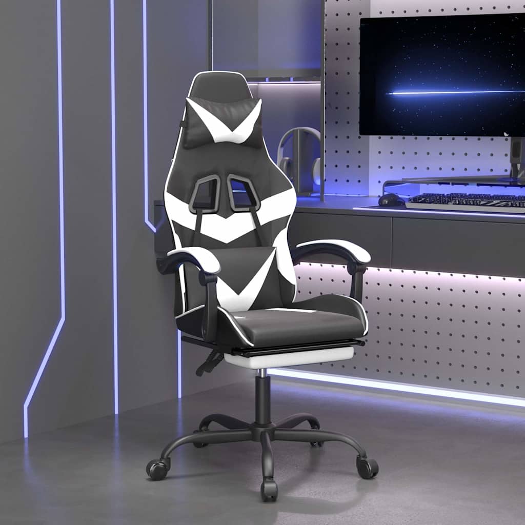 vidaXL Silla gaming giratoria reposapiés cuero sintético negro blanco