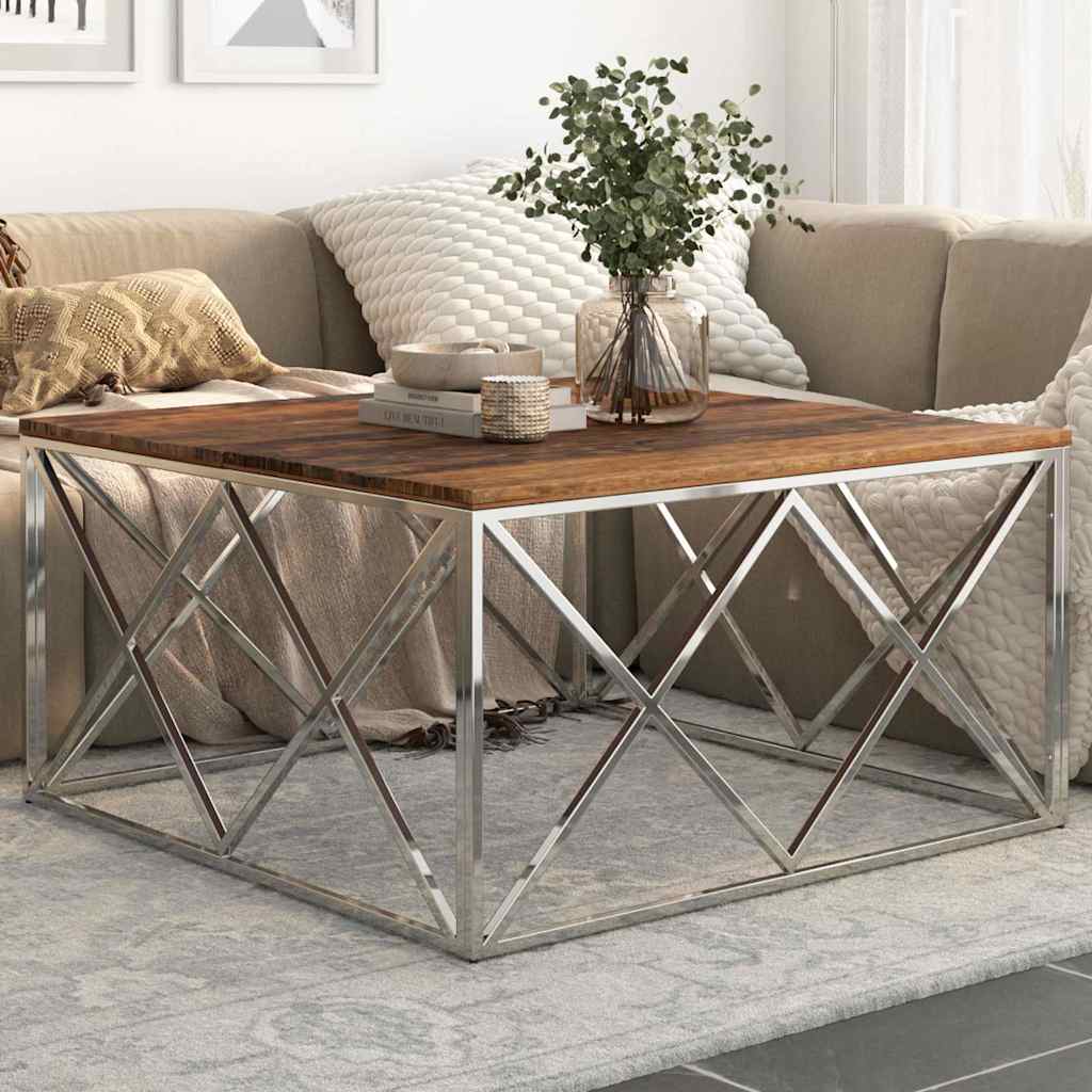 vidaXL Mesa de centro de acero inoxidable plateado y madera maciza